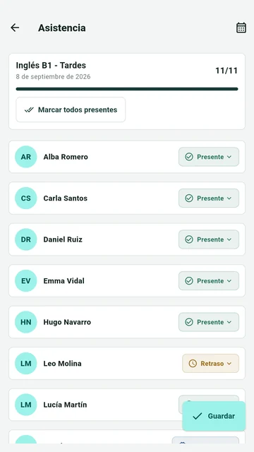 Asistencia de Inglés B1 con alumnos presentes, retrasos y faltas justificadas.