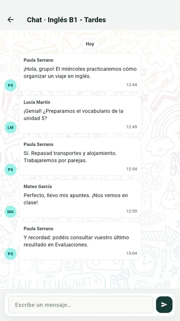 Chat de una clase con conversaciones sobre actividades y resultados.