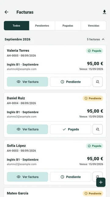 Listado de facturas con importes, estados pagada y pendiente y acceso al documento.