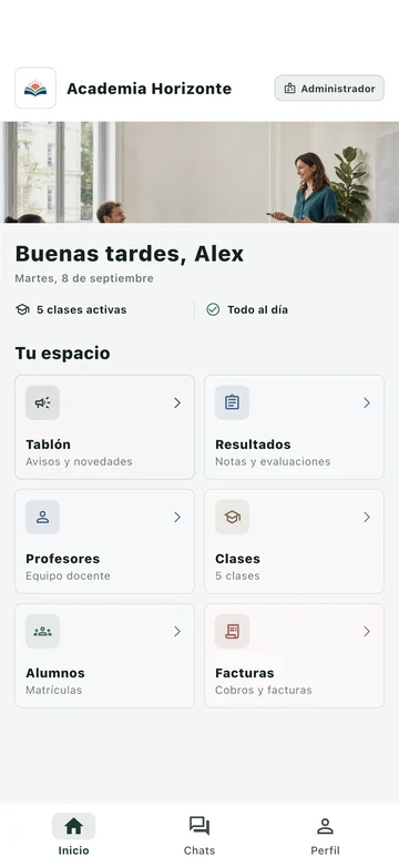 Inicio de Academia Horizonte con su logo, sus colores y los accesos de administración.