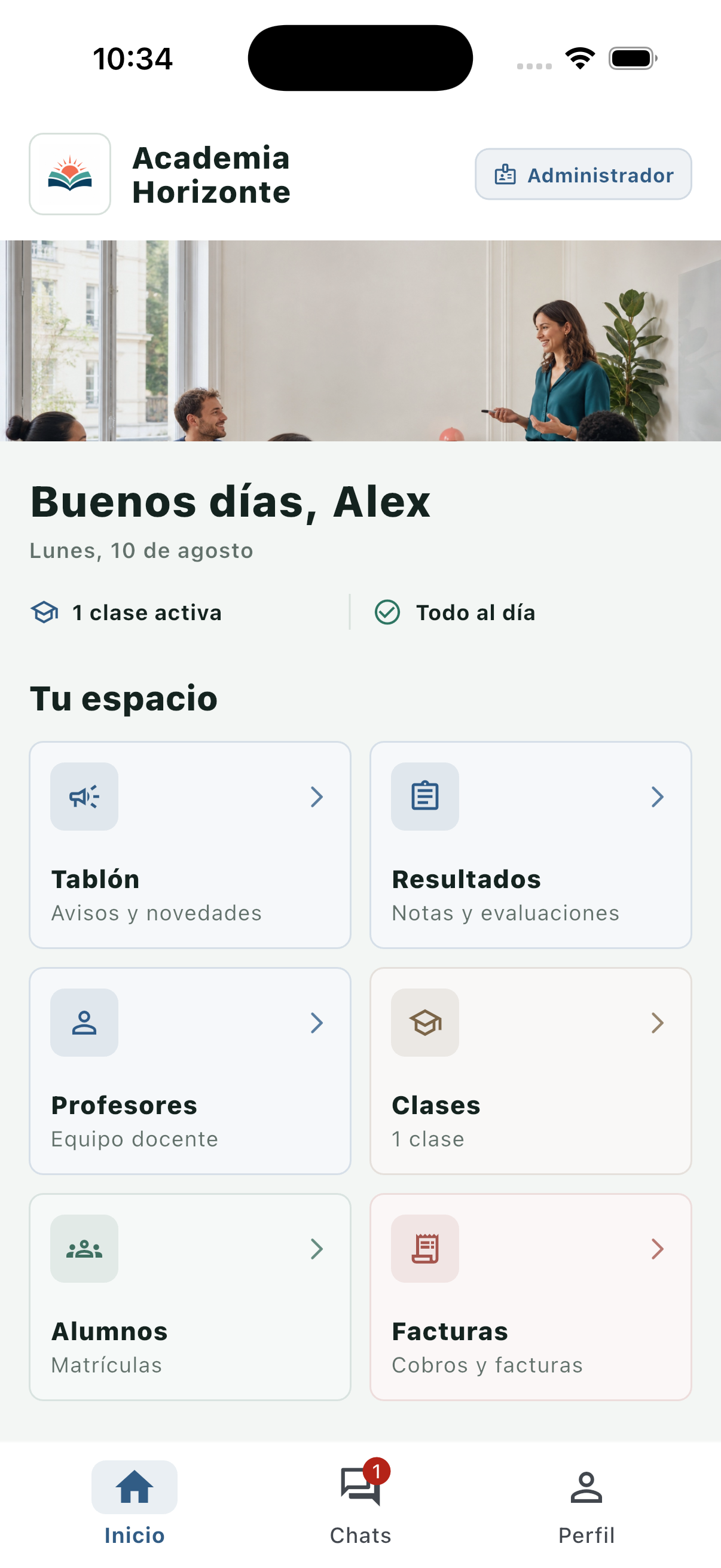 Pantalla principal de Rumevia personalizada para una academia